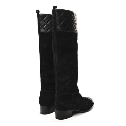 Chanel Suede Calfskin Lambskin Quilted Knee High Boots 37 Black 4 of 8