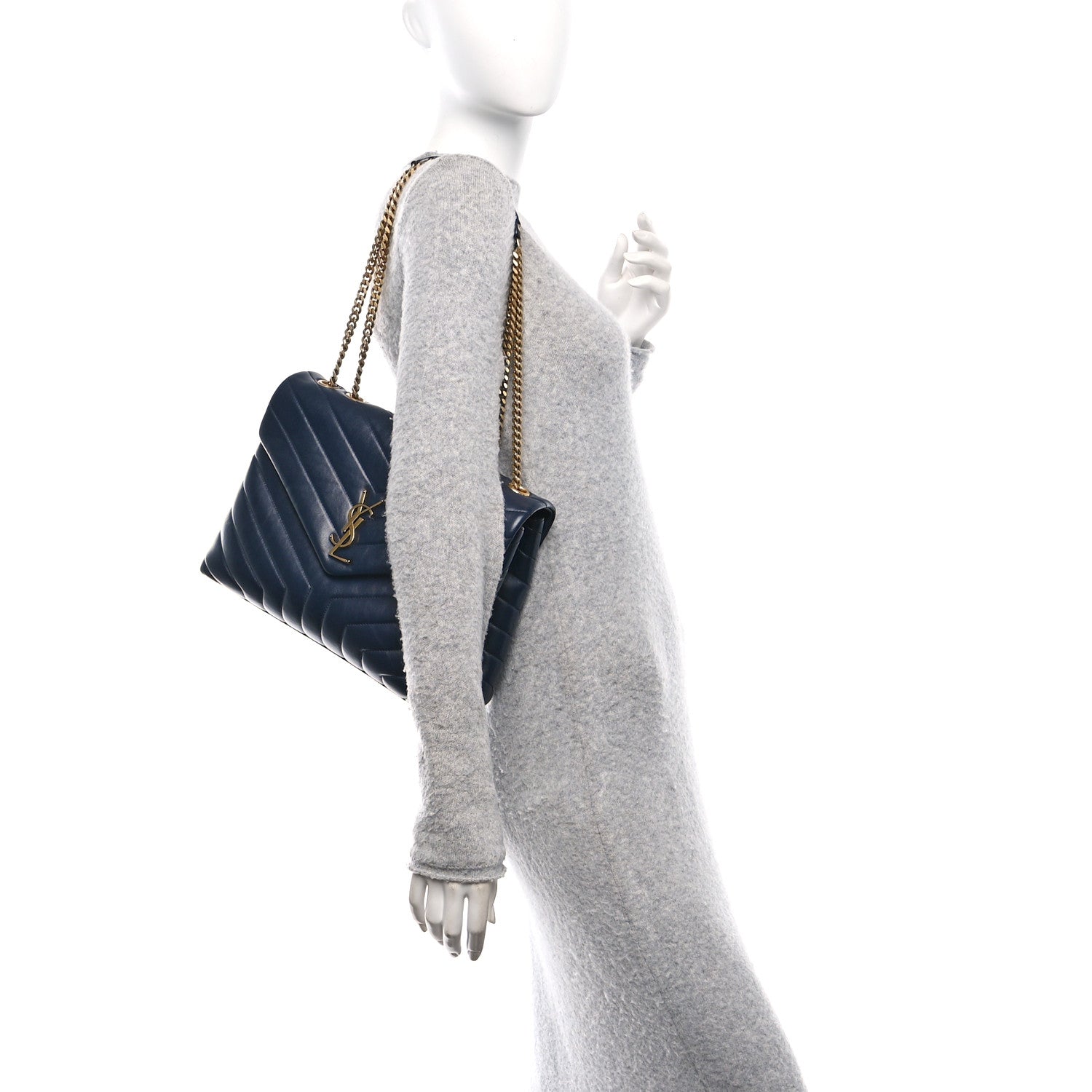Saint Laurent Calfskin Y Quilted Monogram Medium Loulou Chain Satchel Deep Marine 2 of 11