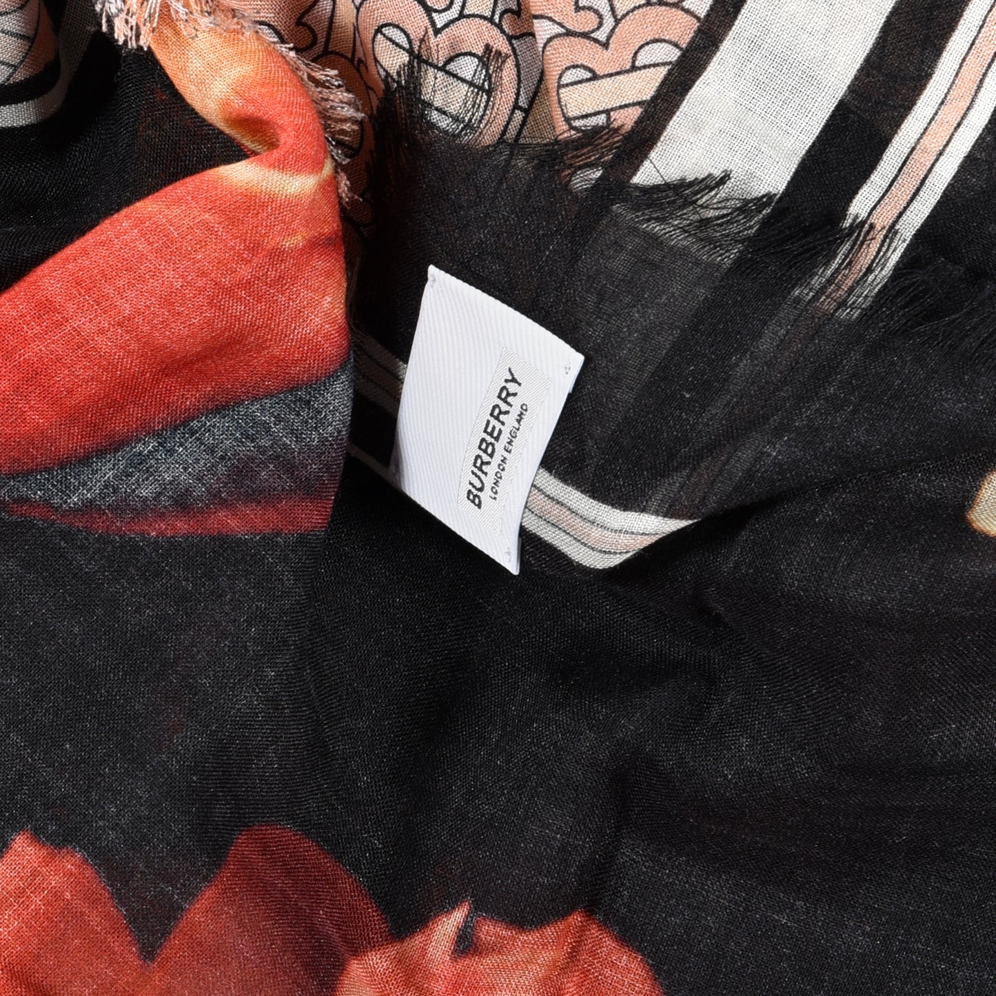 Silk Floral TB Monogram Print Scarf Pink Black