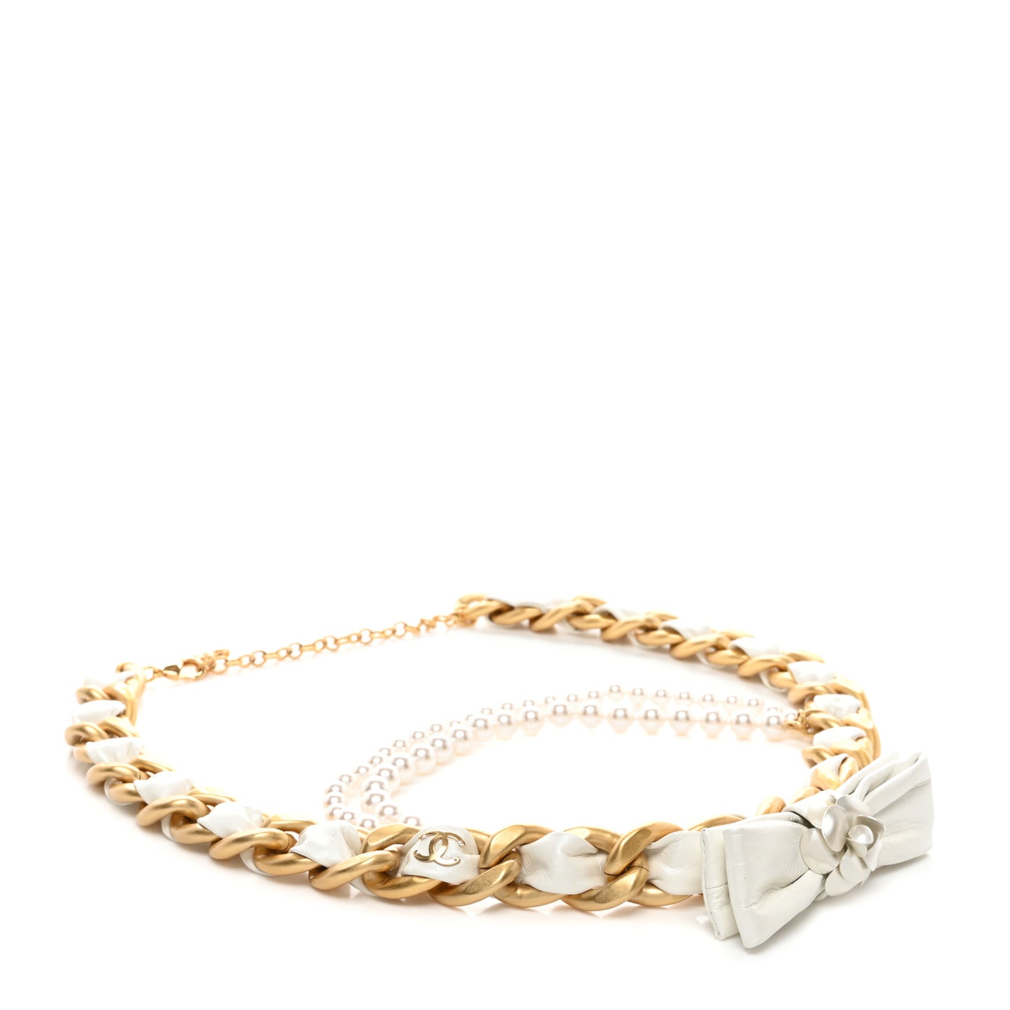 Metal Crystal Pearl 90s Camellia CC Chain Belt Gold White