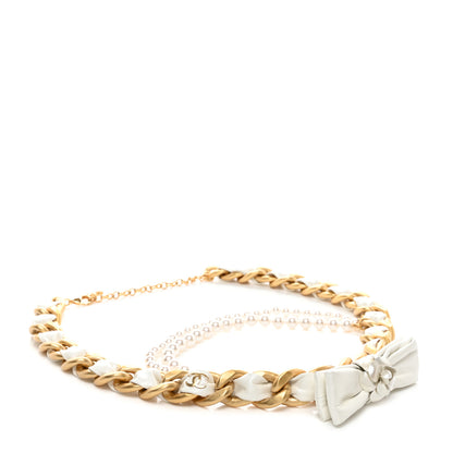 Chanel Metal Crystal Pearl 90s Camellia CC Chain Belt Gold White 1 of 4