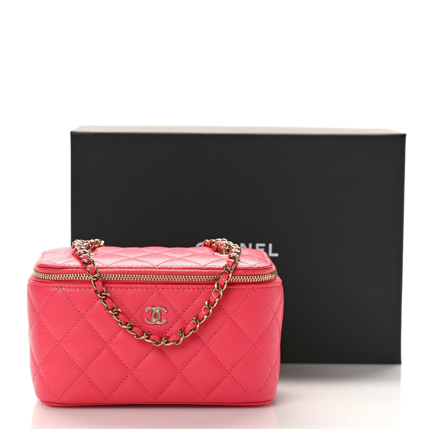 Caviar Quilted Small Vanity Case With Chain Pink
