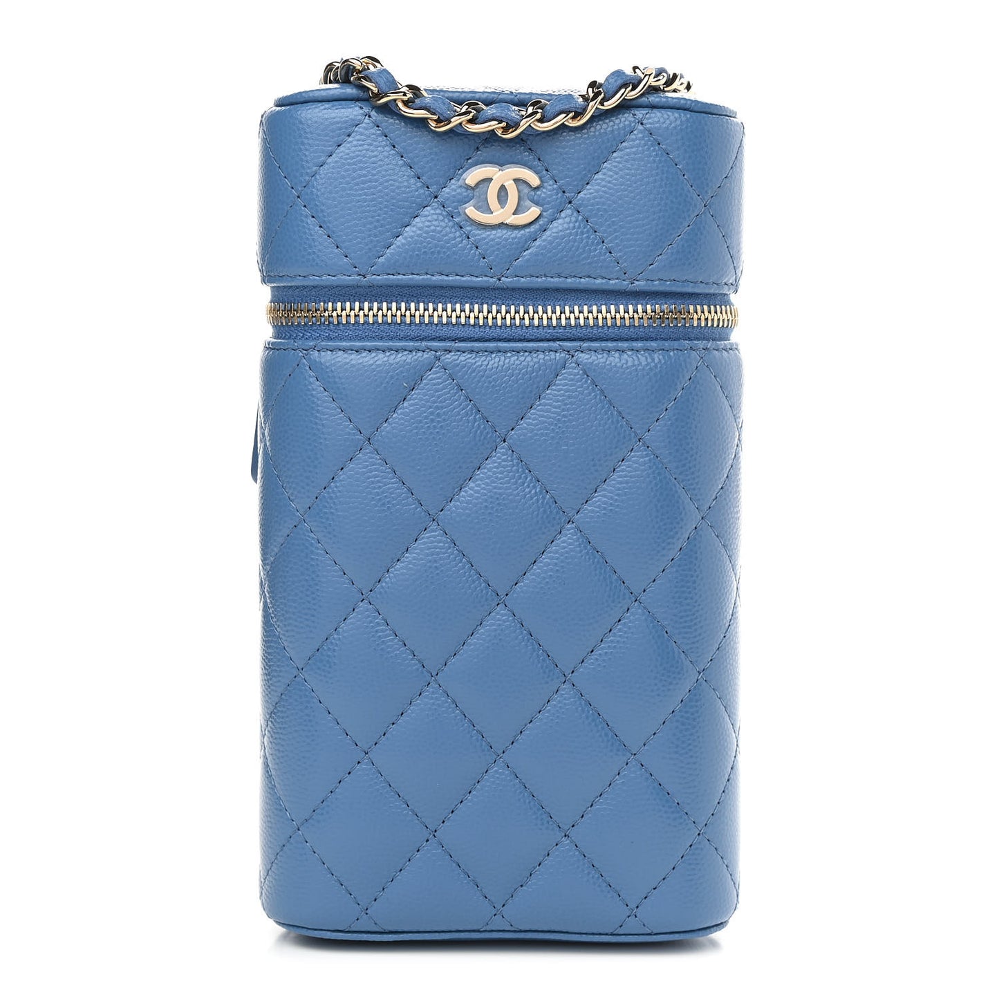 Caviar Quilted Phone Holder With Chain Blue