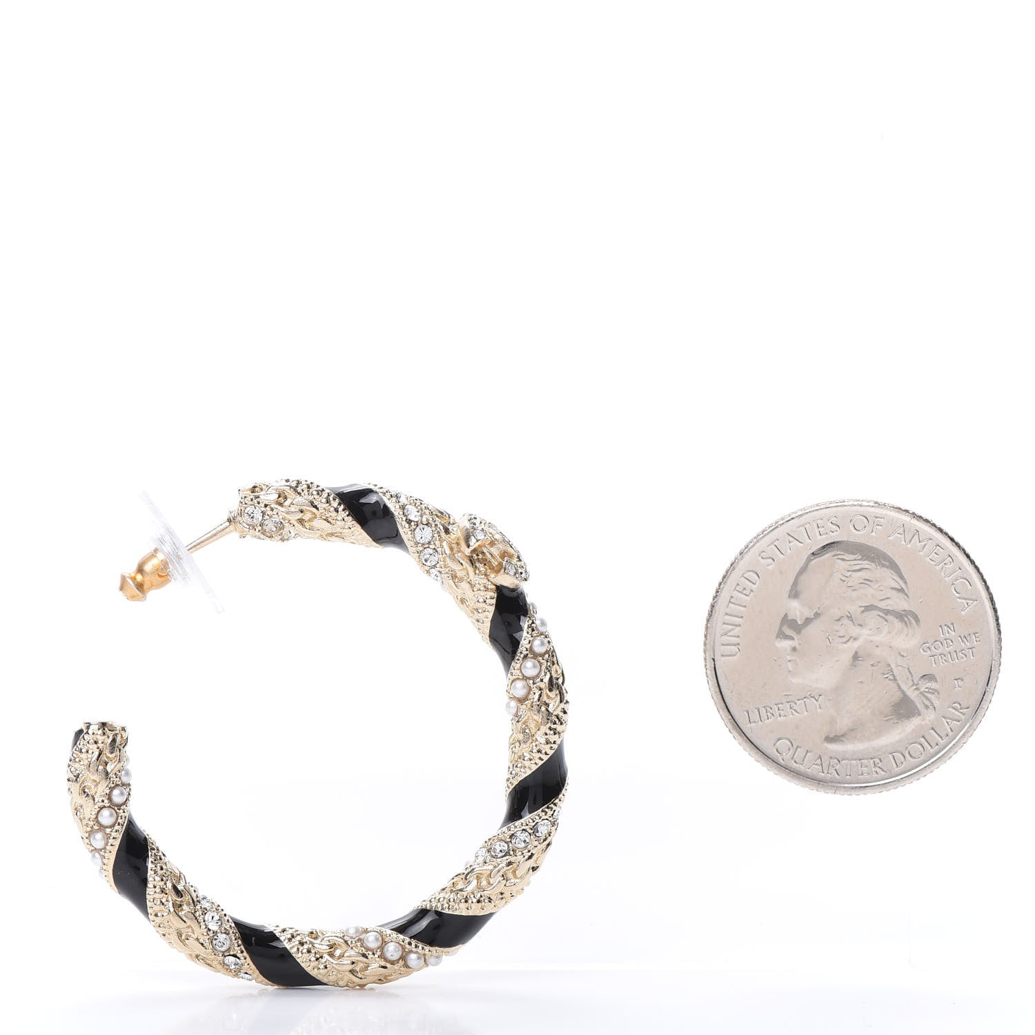 Chanel Crystal Pearl Twist CC Hoop Earrings Gold Black 3 of 6