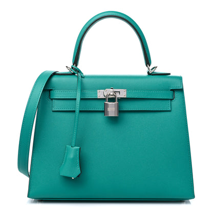 Hermes Madame Calfskin Verso Kelly Sellier 25 Vert Verone Bleu De Prusse 1 of 10