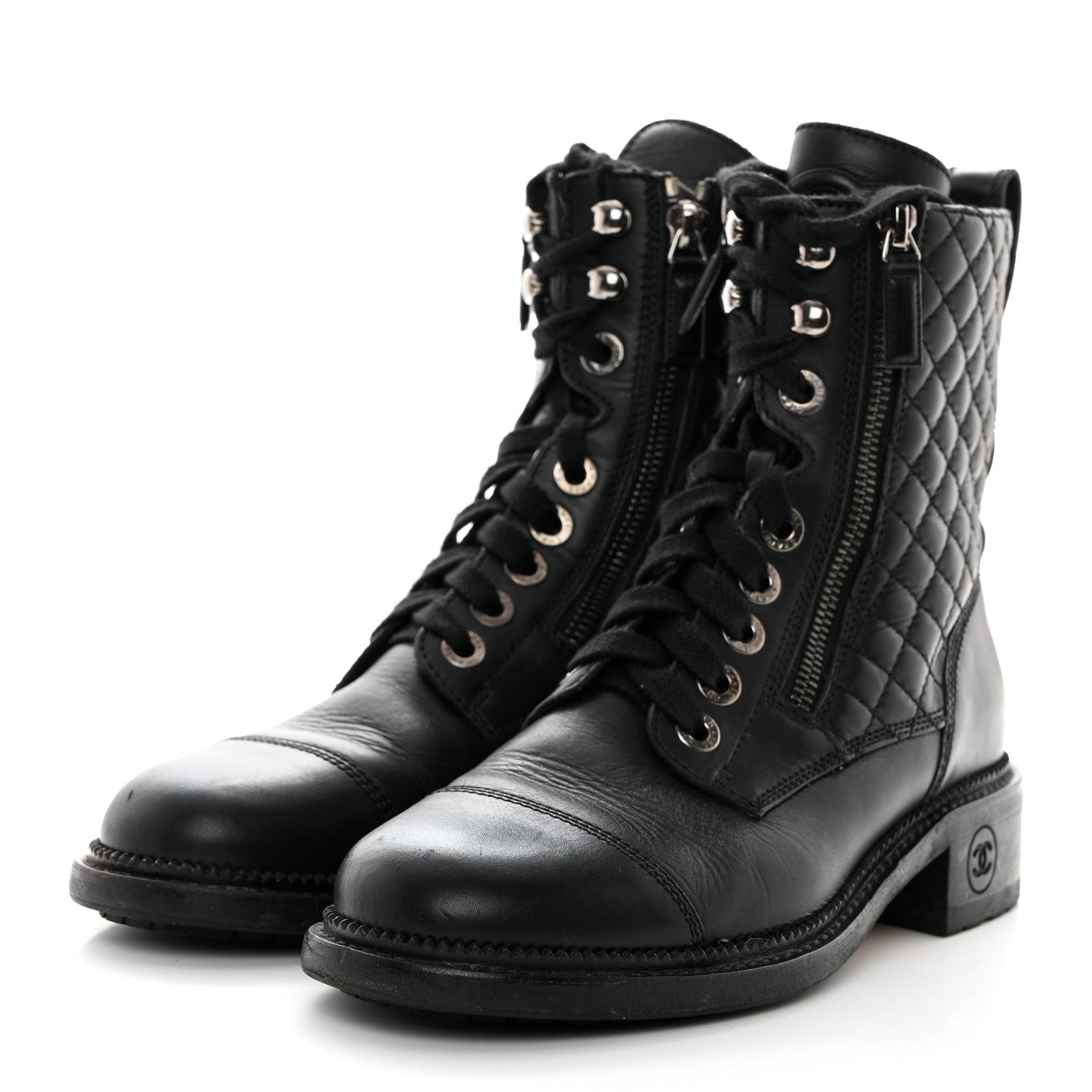 Chanel Calfskin Quilted Lace Up Combat Boots 37 Black 3 of 9