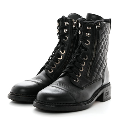 Chanel Calfskin Quilted Lace Up Combat Boots 37 Black 3 of 9
