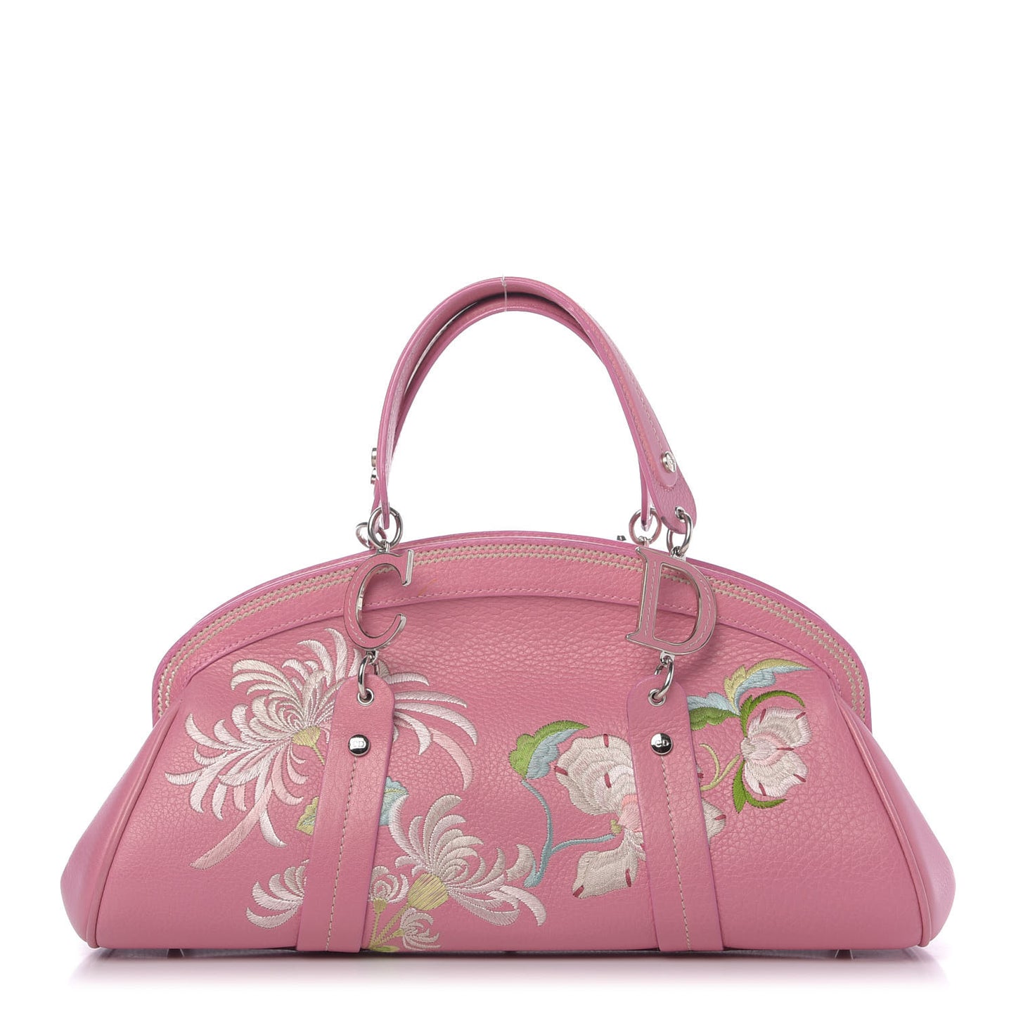 Grained Calfskin Romantic Flowers Frame Satchel Pink