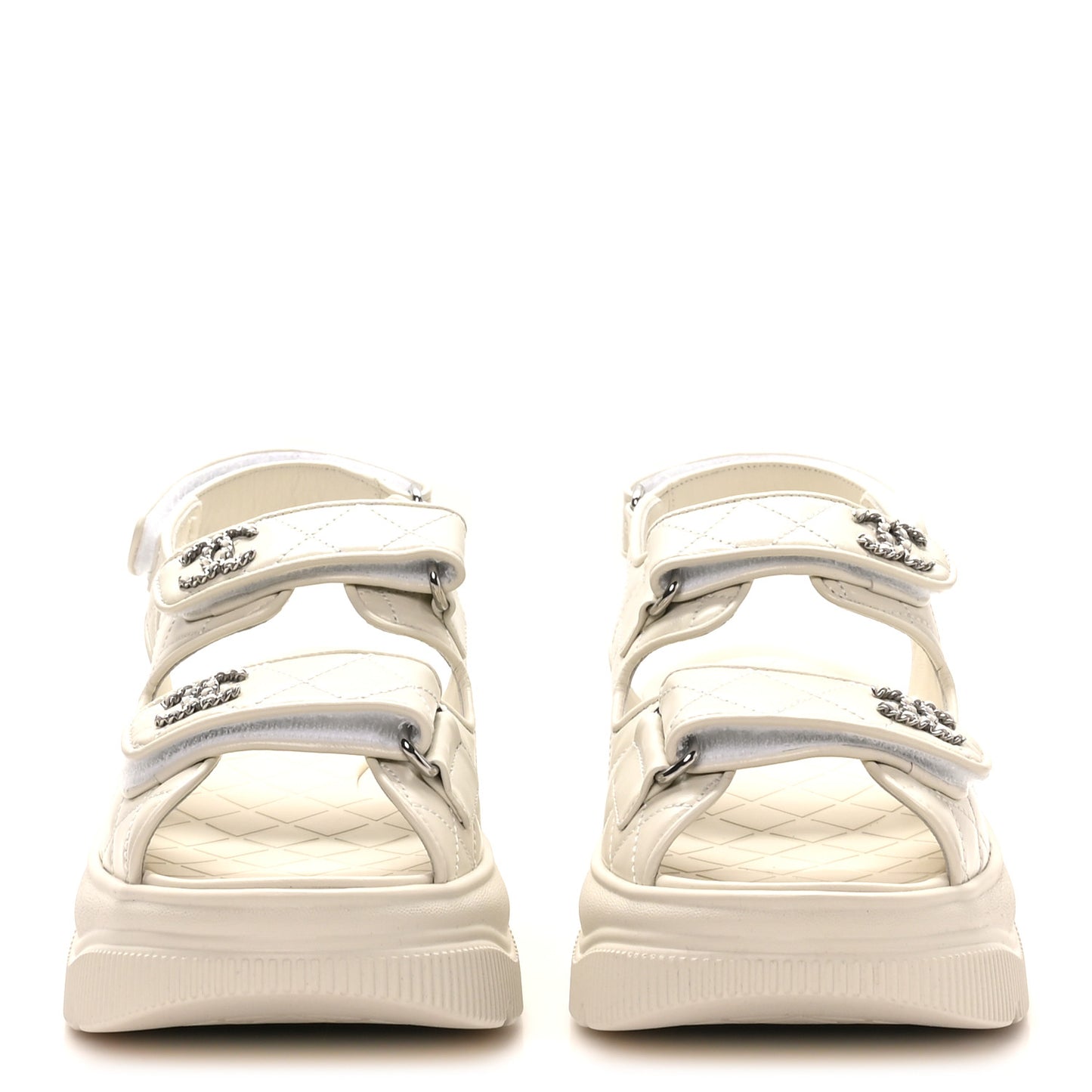 Shiny Calfskin Chain CC Velcro Dad Platform Sandals 39 White