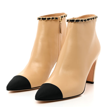 Chanel Lambskin Grosgrain CC Chain Cap Toe Short Boots 38 Black 39 Beige Black 3 of 9