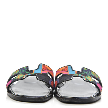 Hermes Cotton Canvas Tropical Modernisme Oran Sandals 36.5 Black 2 of 8