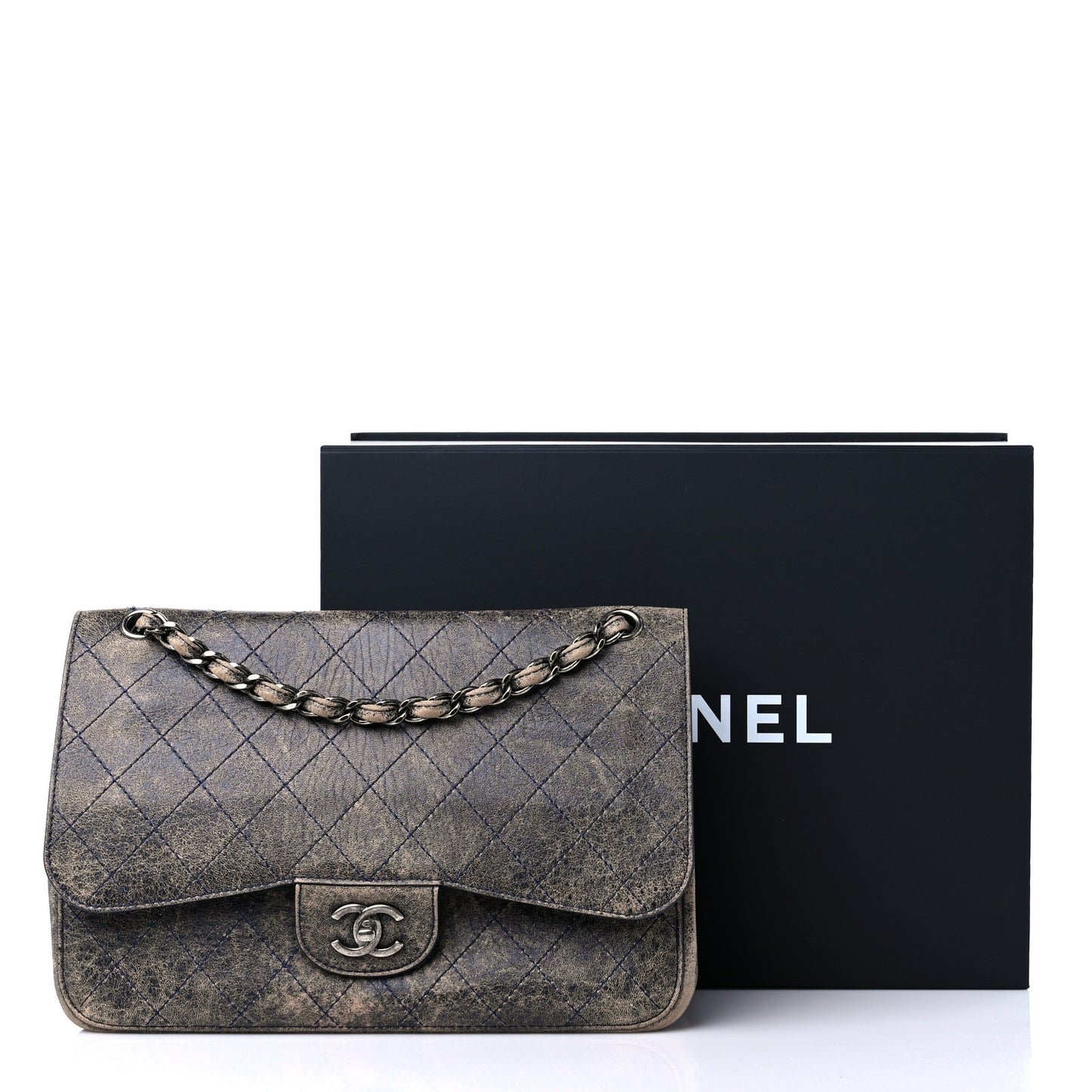 Calfskin Stitched Jumbo Double Flap Brown Blue