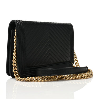 Chanel Calfskin Chevron Boy Wallet On Chain WOC Black 3 of 11
