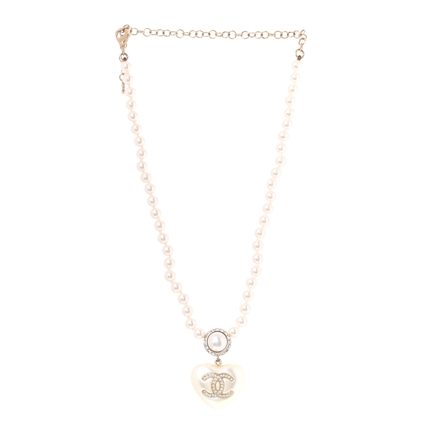 Pearl Crystal CC Heart Short Necklace Pearly White Gold