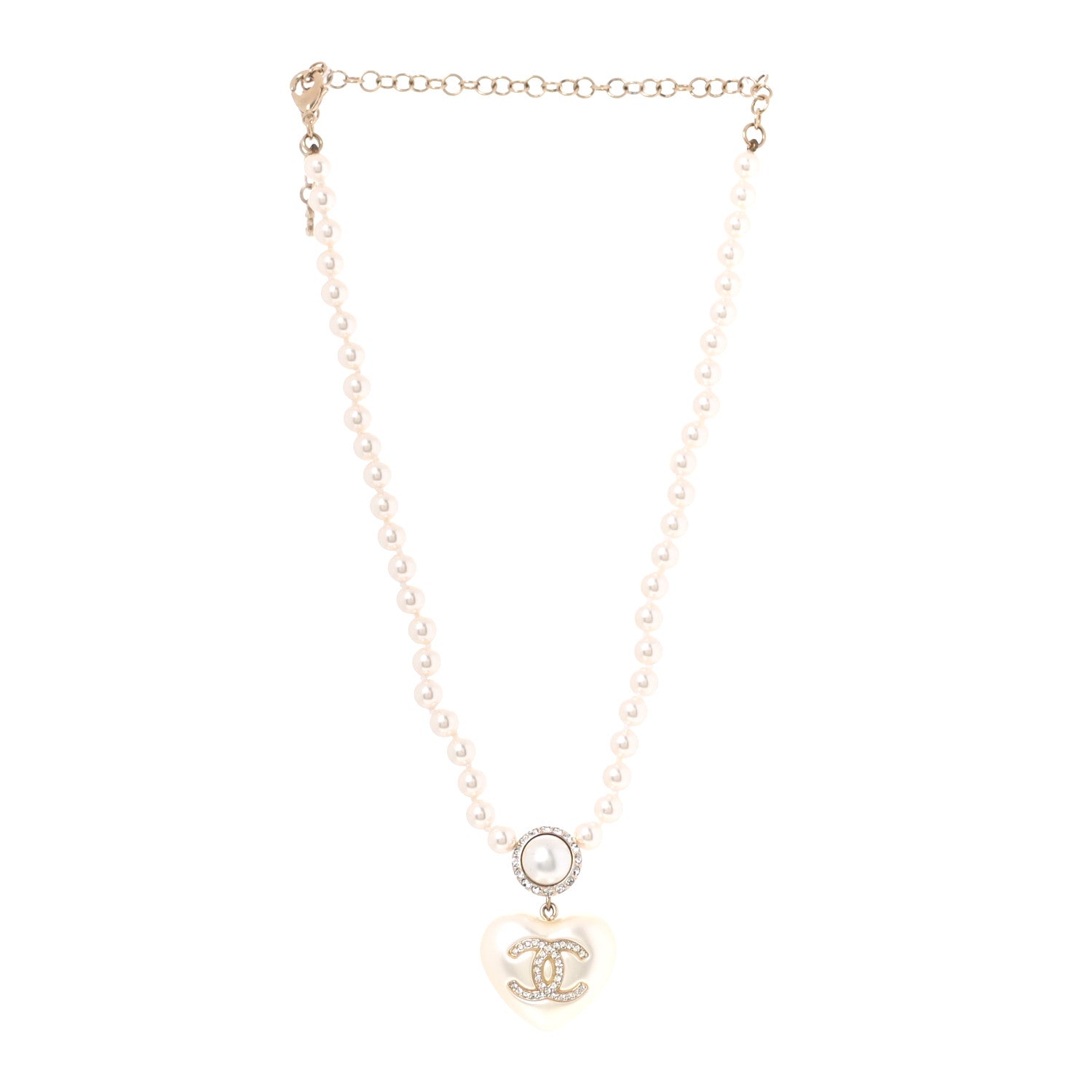Chanel Pearl Crystal CC Heart Short Necklace Pearly White Gold 3 of 5