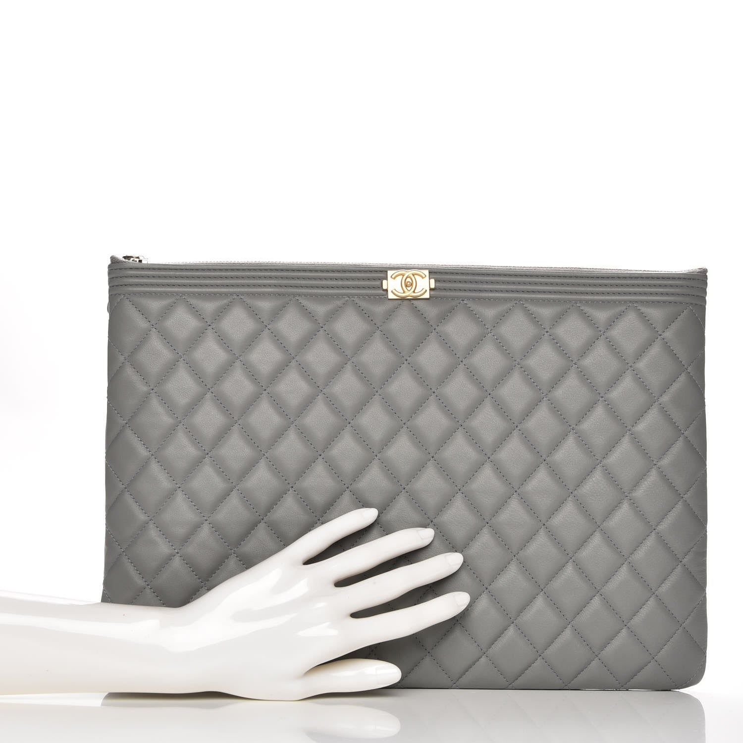Chanel Calfskin Quilted Large Boy Cosmetic Case Grey 2 of 8