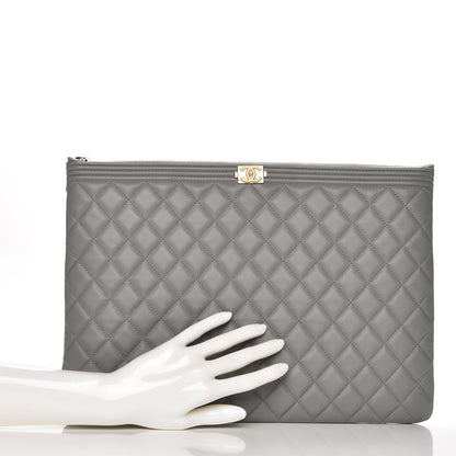 Chanel Calfskin Quilted Large Boy Cosmetic Case Grey 2 of 8