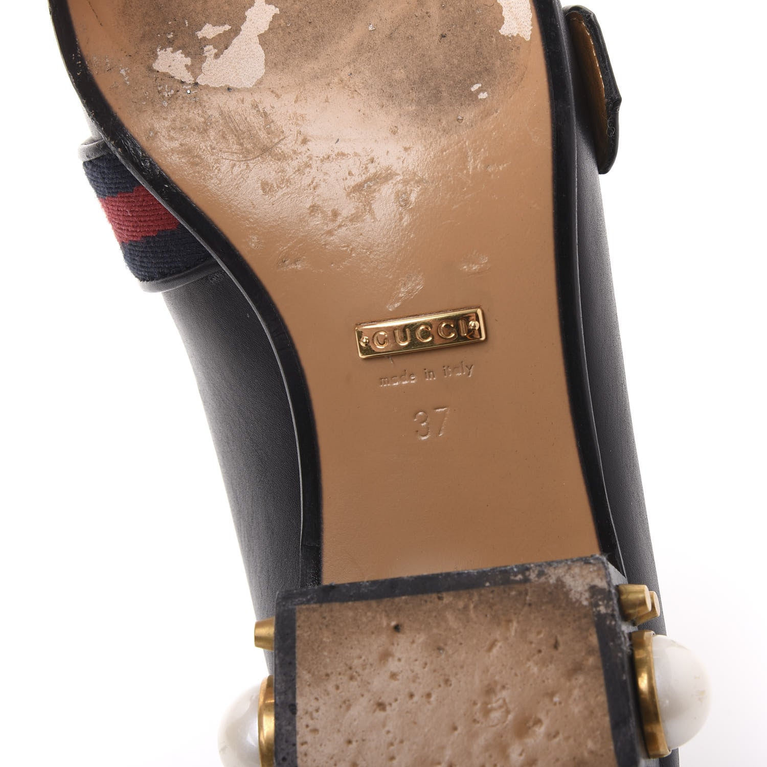 Gucci Betis Glamour Calfskin Web Pearl Embellished Peyton 35mm Loafer Pumps 37 Black 6 of 7