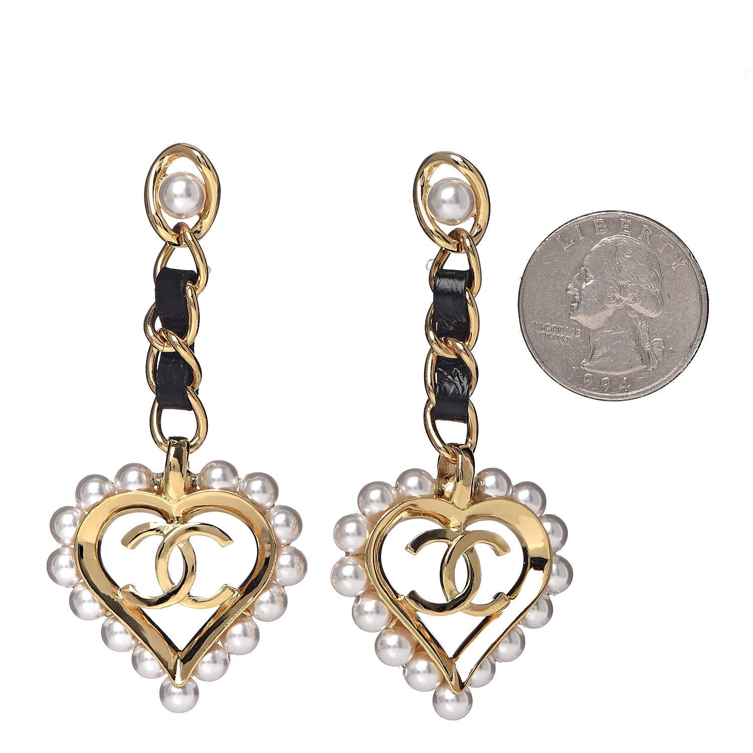 Chanel Pearl Heart CC Drop Earrings Gold 2 of 5