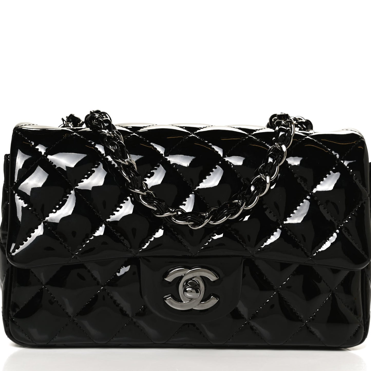 Patent Calfskin Quilted Mini Rectangular Flap Black