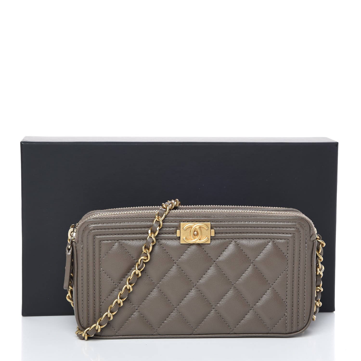 Chanel Calfskin Quilted Small Boy Clutch With Chain Khaki 11 of 11
