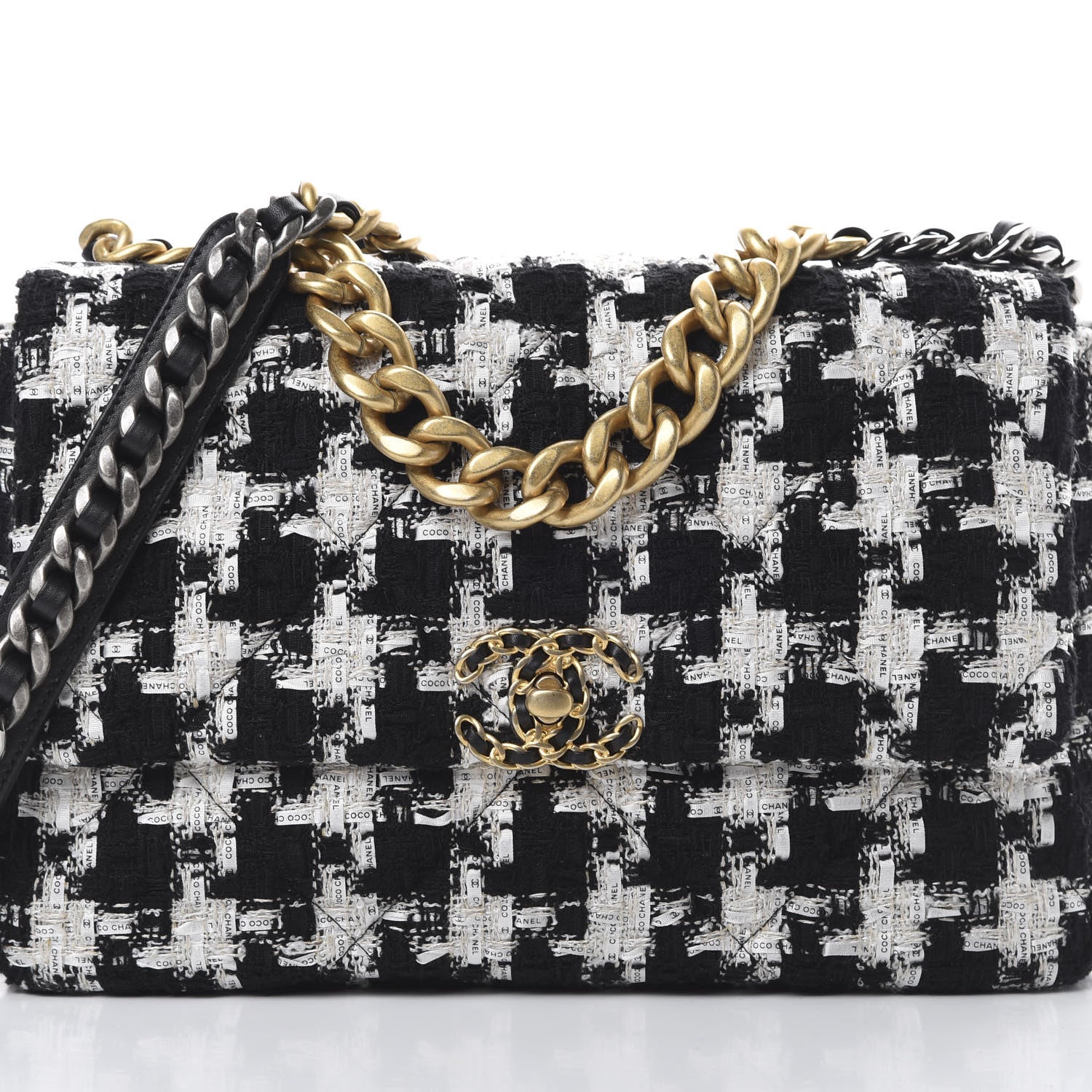 Chanel Tweed Quilted Large 19 Flap Black Ecru White 7 of 10