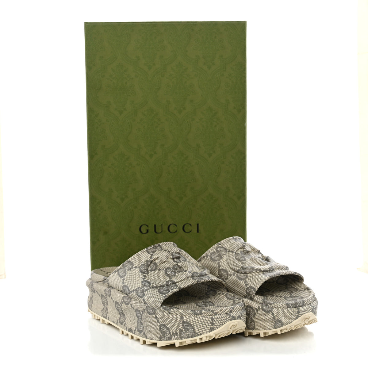 Cubic Rubber GG Monogram Womens Interlocking G Platform 42mm Slide Sandals 36 Beige Ebony