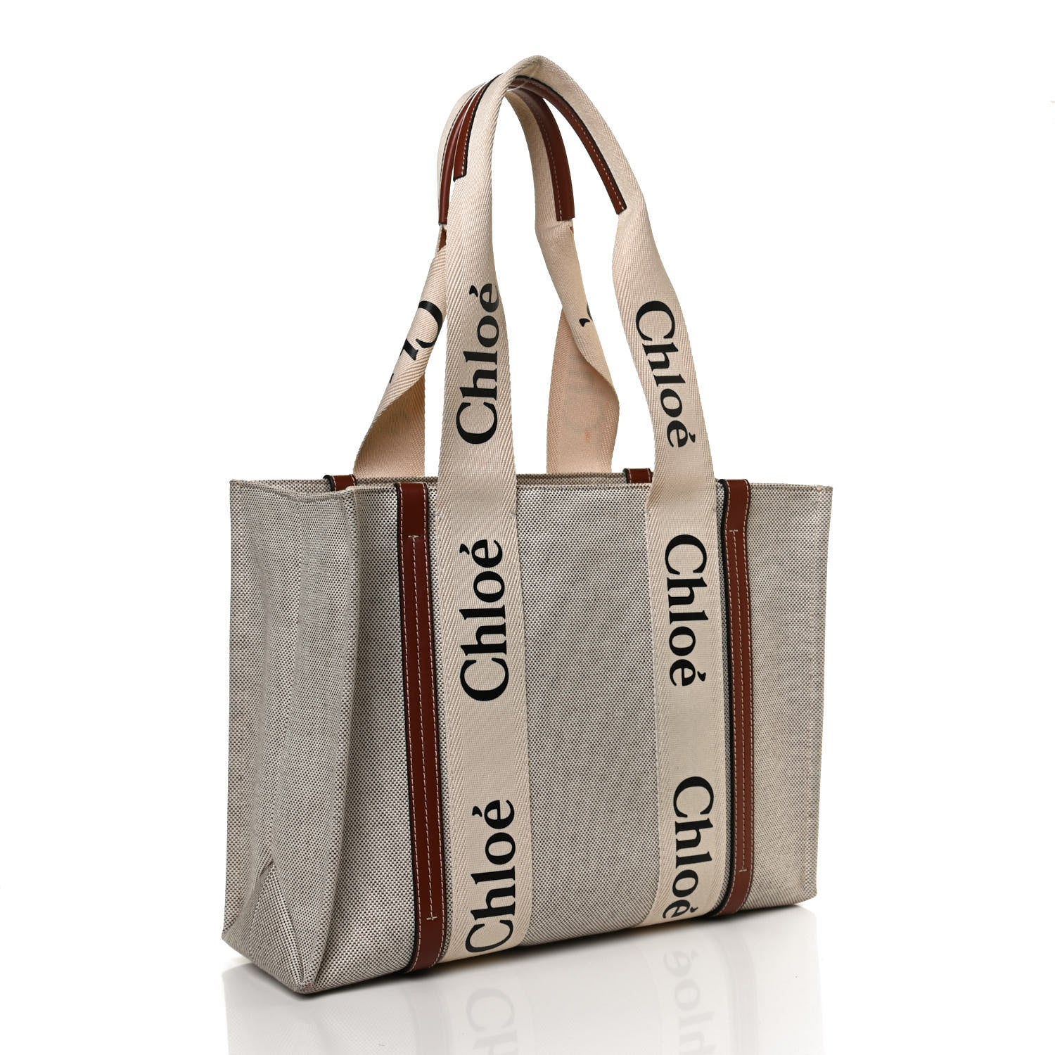Chloe Cotton Calfskin Medium Woody Ribbon Tote White Brown 3 of 12