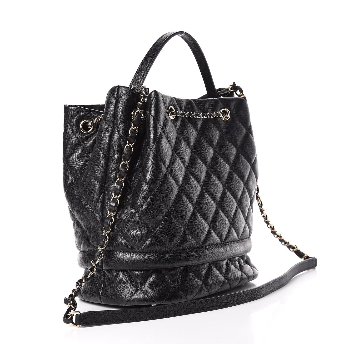Caviar Quilted Large Rolled Up Bucket Drawstring Bag Black