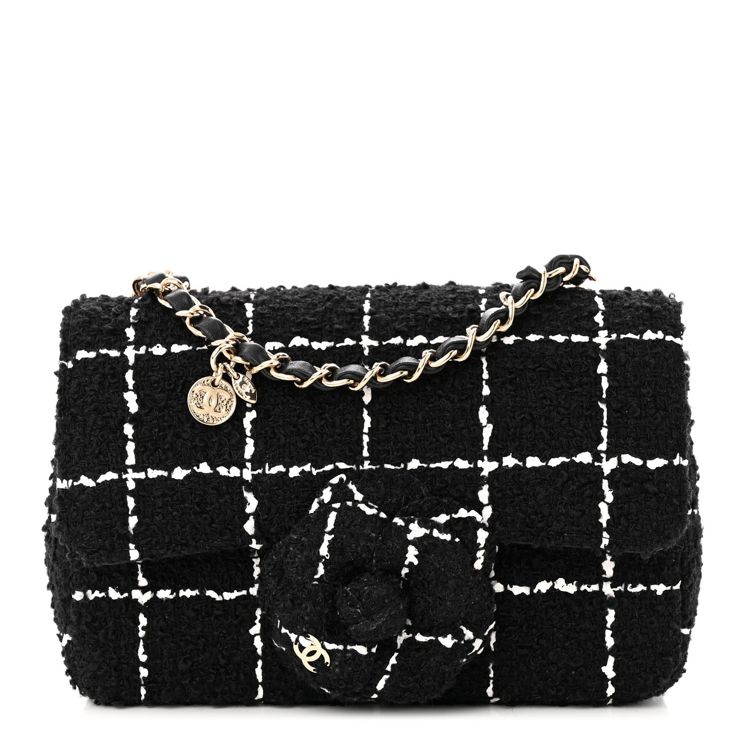 Chanel Tweed Quilted Mini Rectangular Camellia Flap Black White 1 of 11