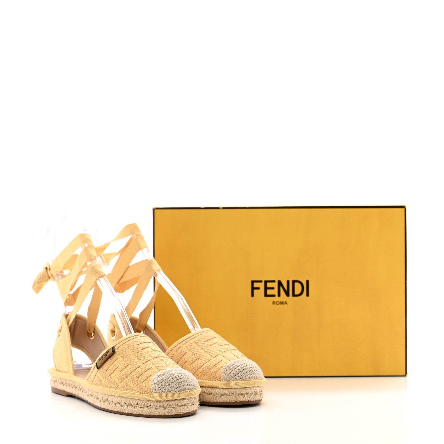 Fendi Raffia FF Embroidered Roma Ankle Wrap Espadrille Wedges 35 Natural 10 of 10