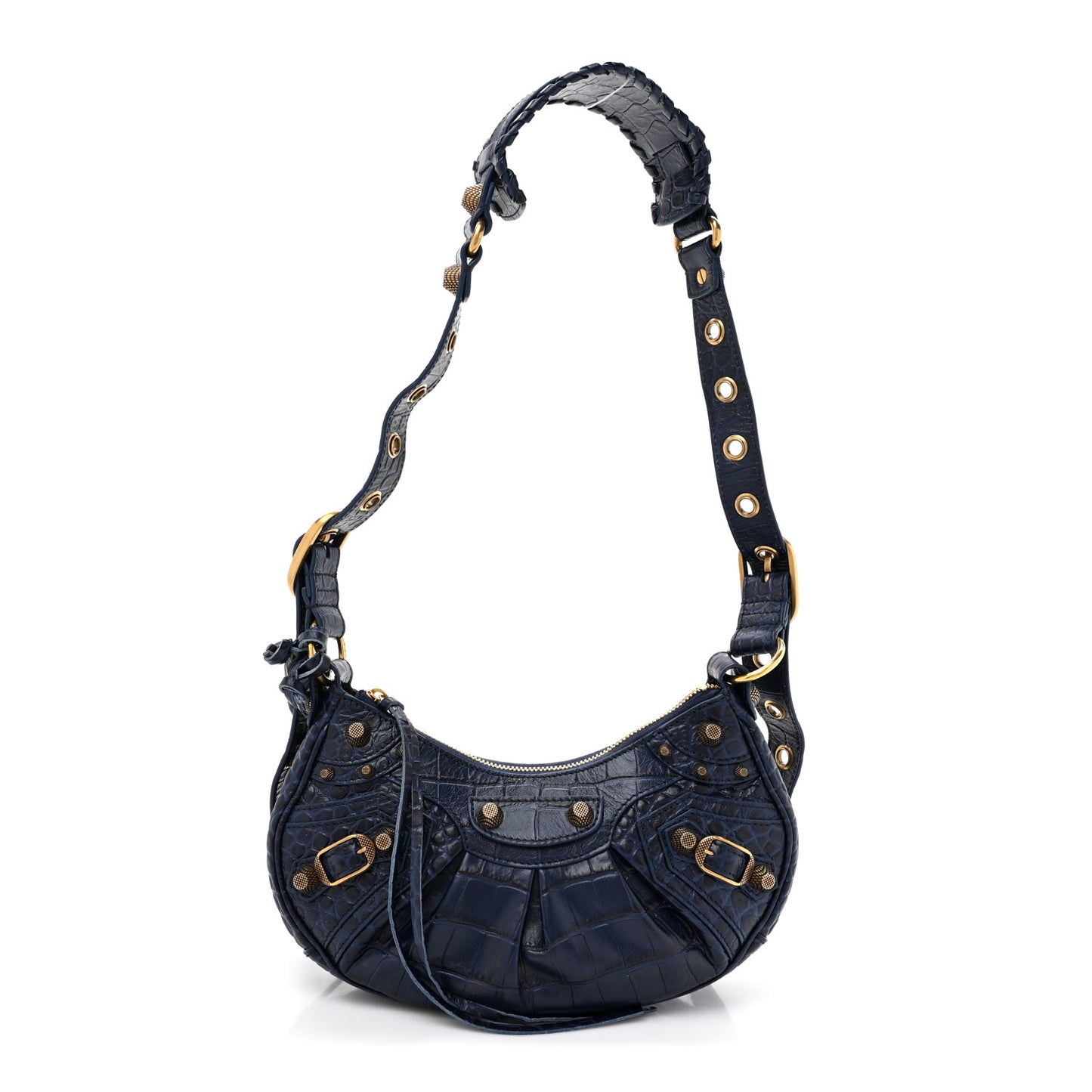 Extra Supple Calfskin Crocodile Embossed Le Cagole Shoulder Bag XS Indigo
