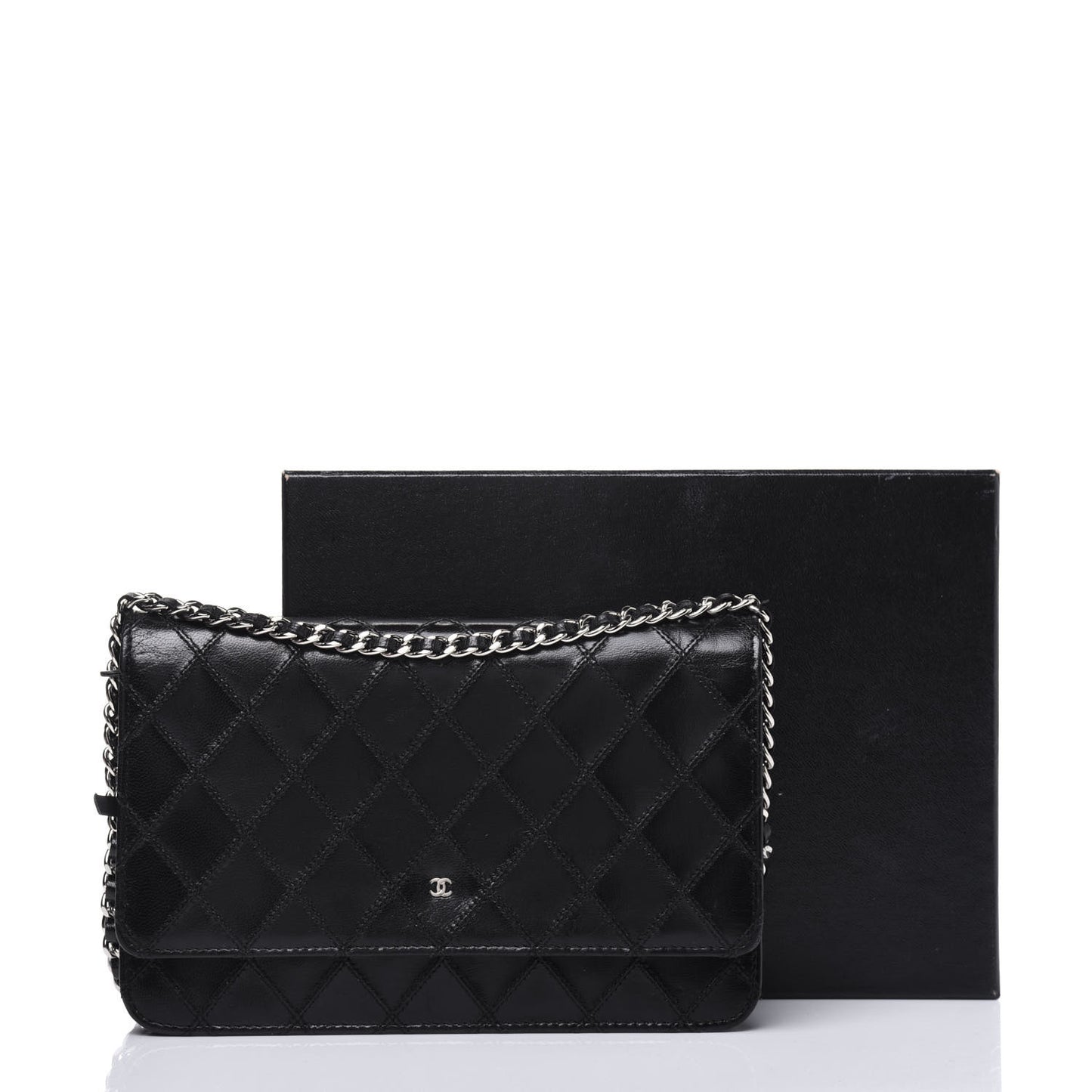Lambskin Diamond Stitched Wallet On Chain WOC Black