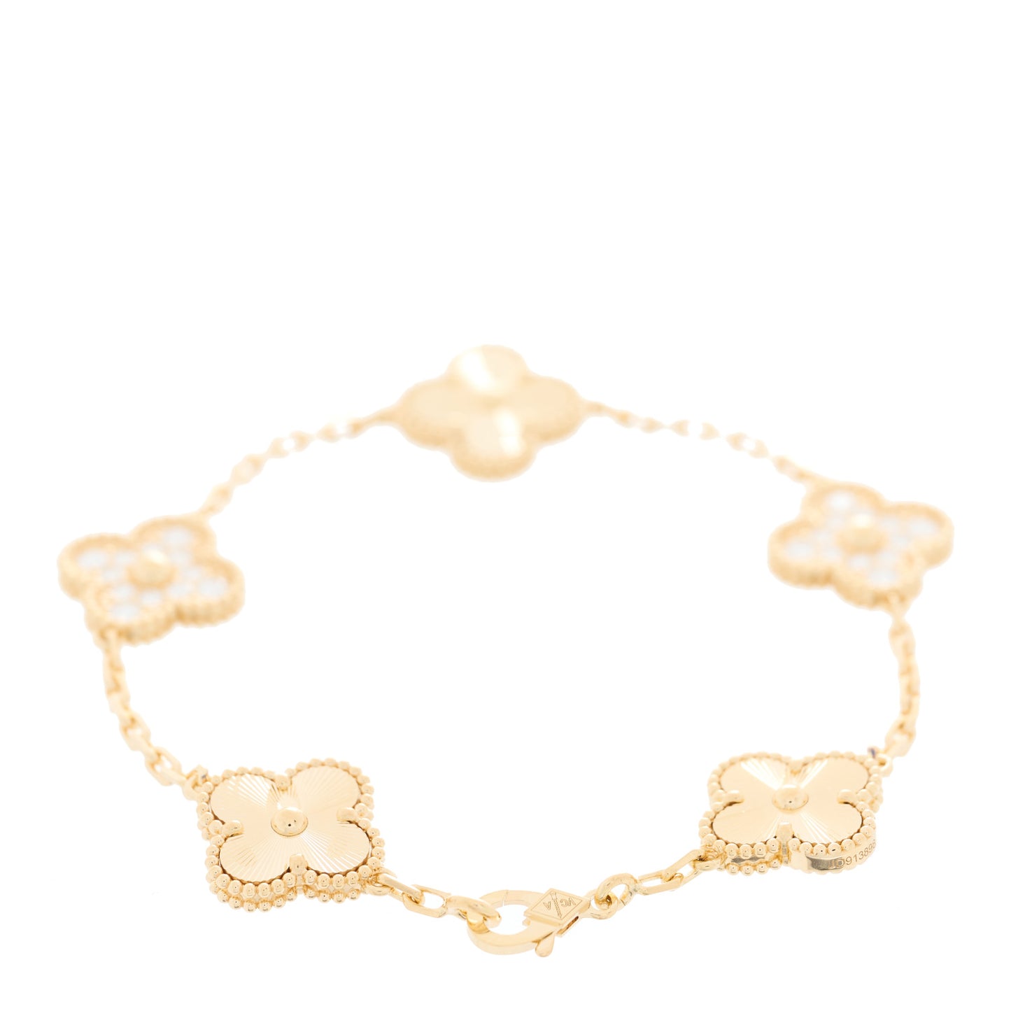 18K Yellow Gold Diamond 5 Motifs Guilloche Vintage Alhambra Bracelet