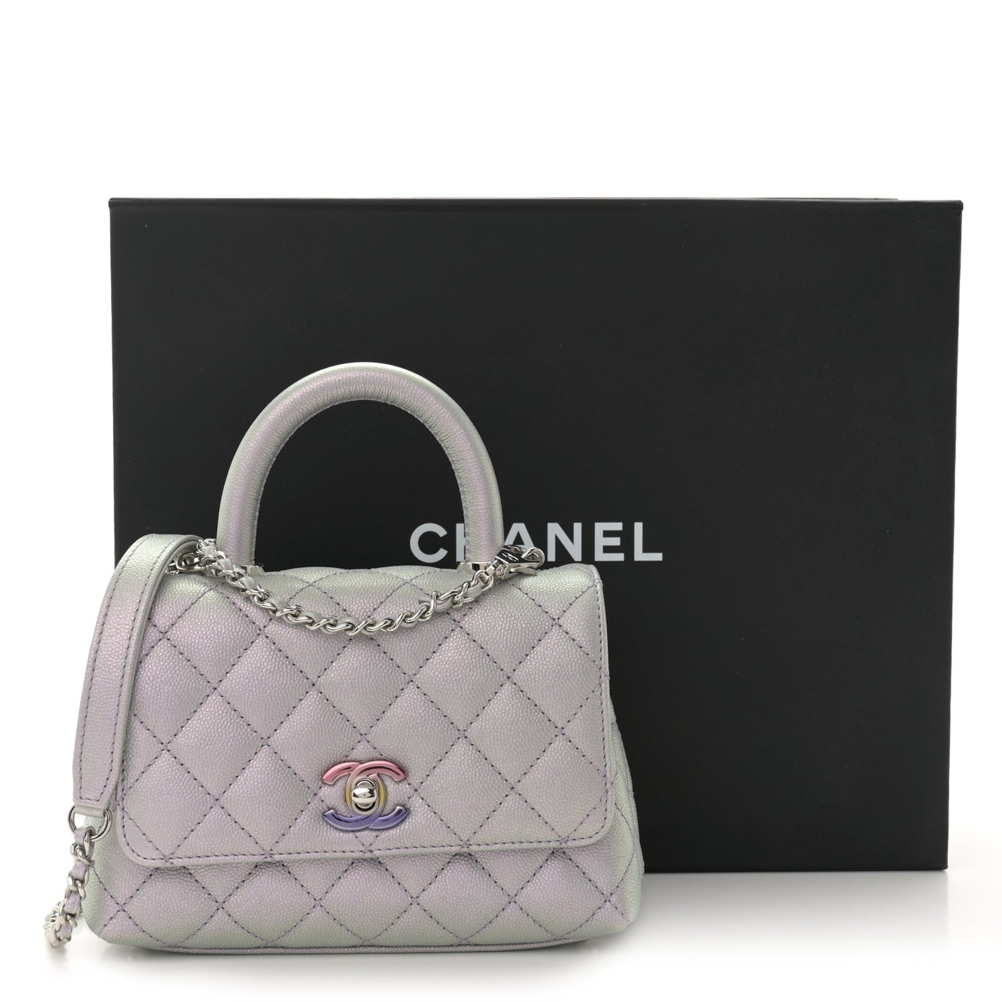 Iridescent Caviar Quilted Extra Mini Coco Handle Flap Purple