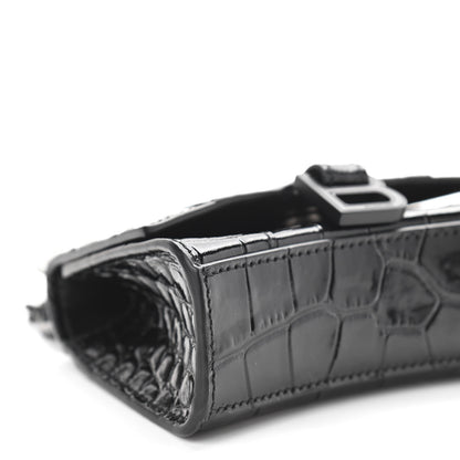 Balenciaga Shiny Calfskin Monochrome Crocodile Embossed Hourglass Top Handle Bag Mini with Chain Black 7 of 8