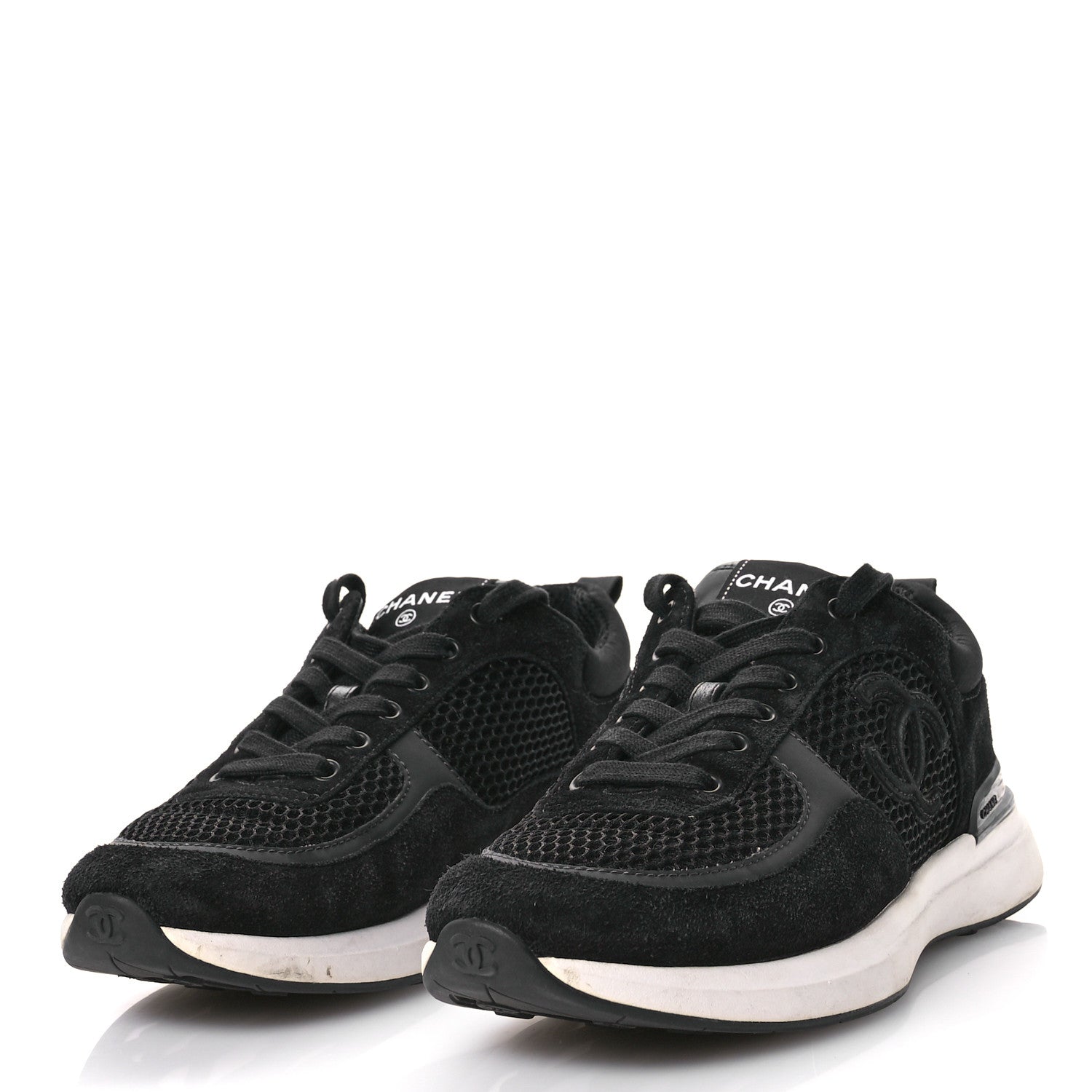 Chanel Calfskin Mesh Lycra Suede Womens Logo Sneakers 39 Black 4 of 9