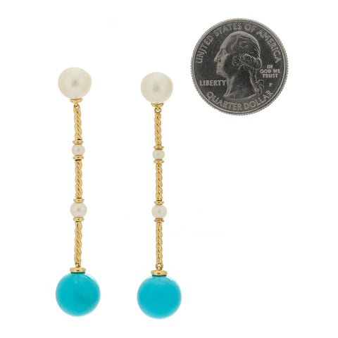 18K Yellow Gold Turquoise Pearl Drop Earrings