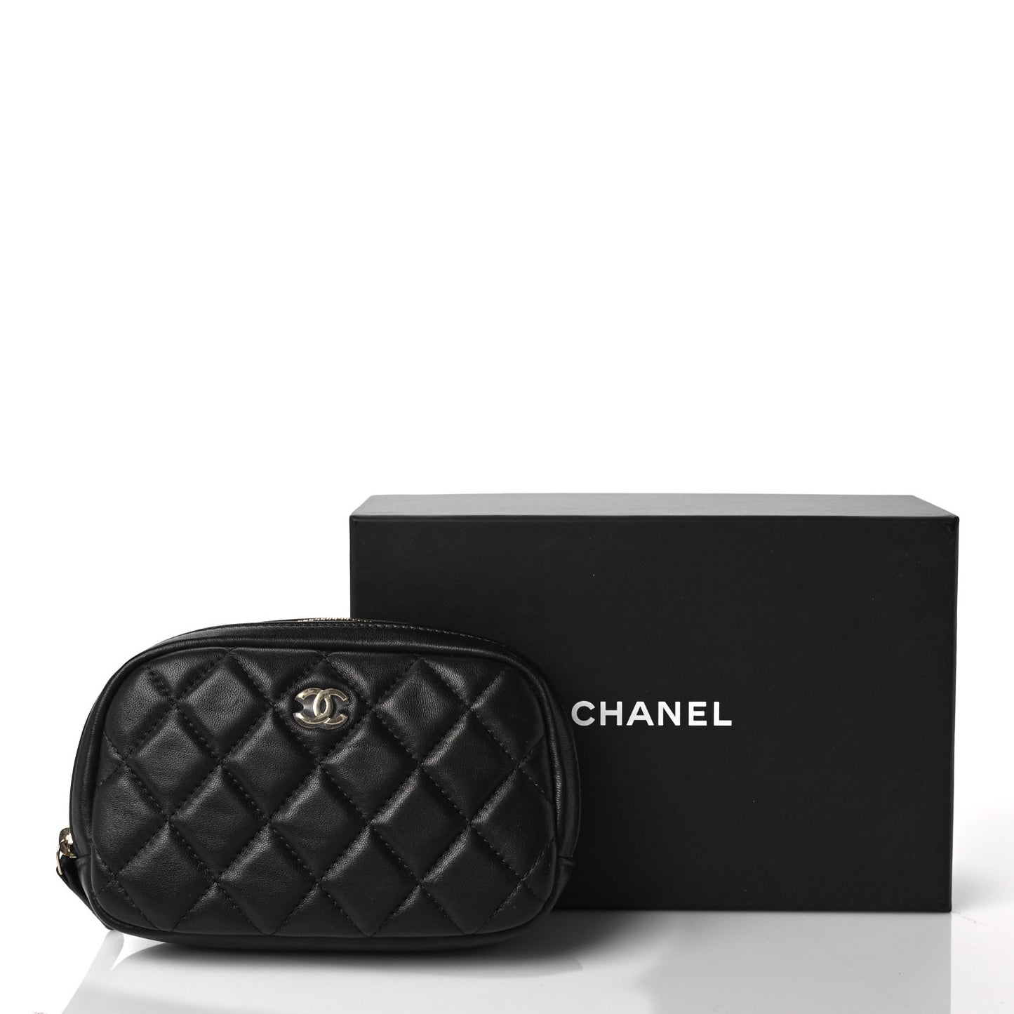 Lambskin Quilted Small Curvy Pouch Cosmetic Case Black