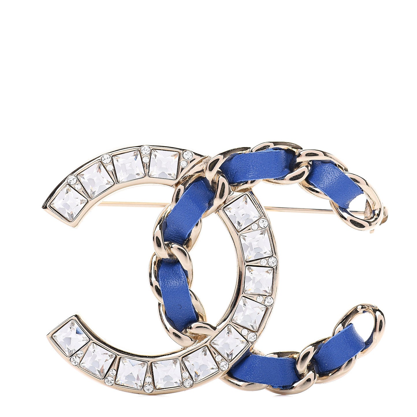 Lambskin Baguette Crystal CC Chain Brooch Blue Gold