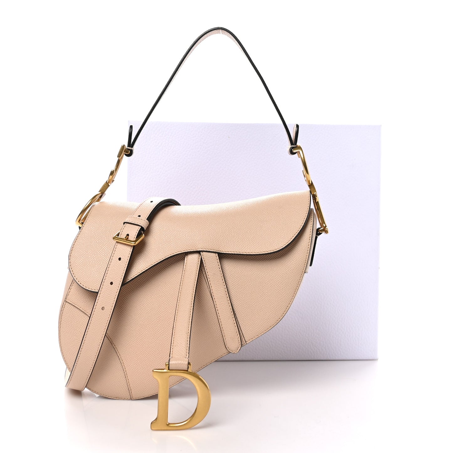 Grained Calfskin Saddle Bag With Strap Beige