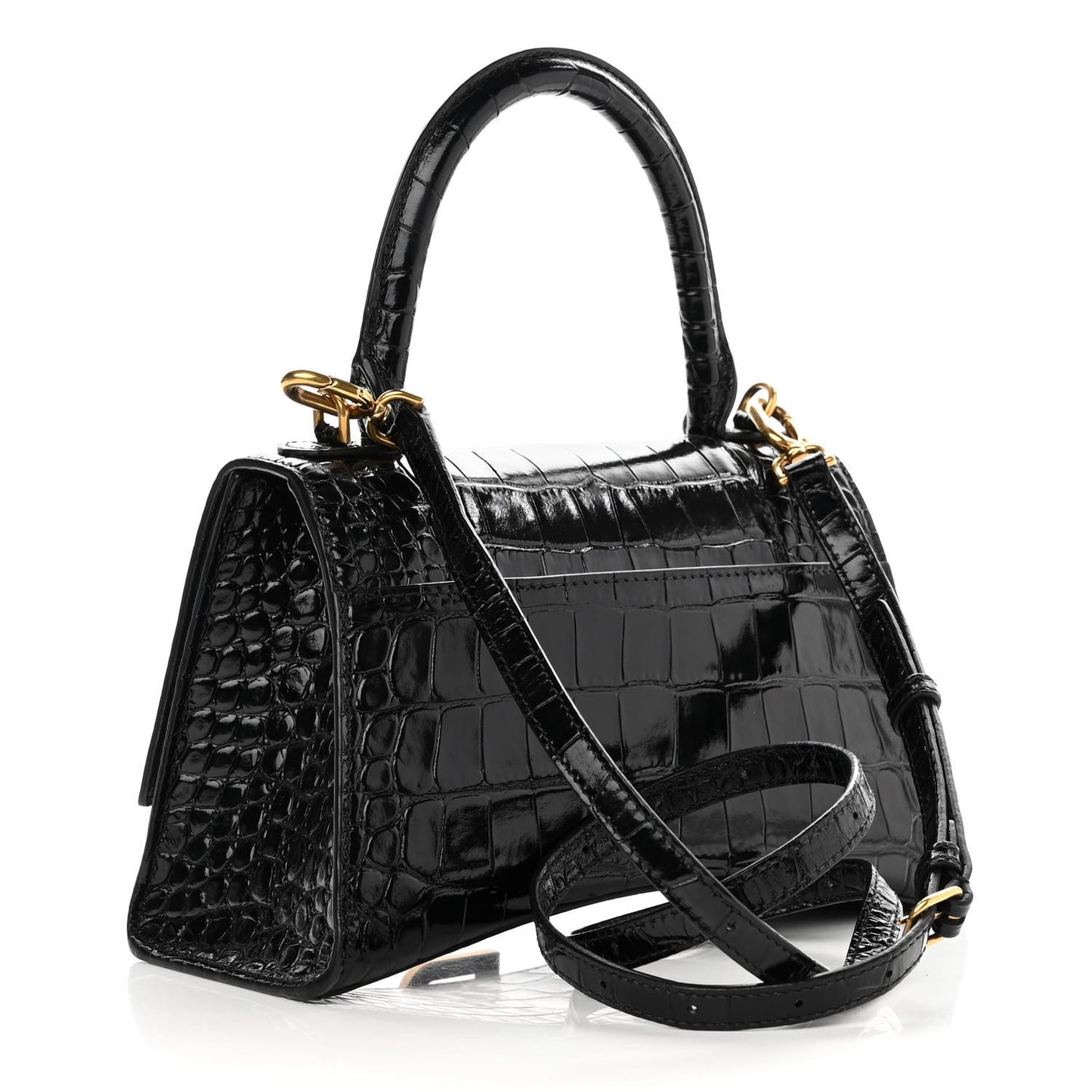 Shiny Calfskin Crocodile Embossed Small Hourglass Top Handle Bag Black