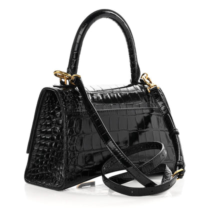 Balenciaga Shiny Calfskin Crocodile Embossed Small Hourglass Top Handle Bag Black 3 of 10