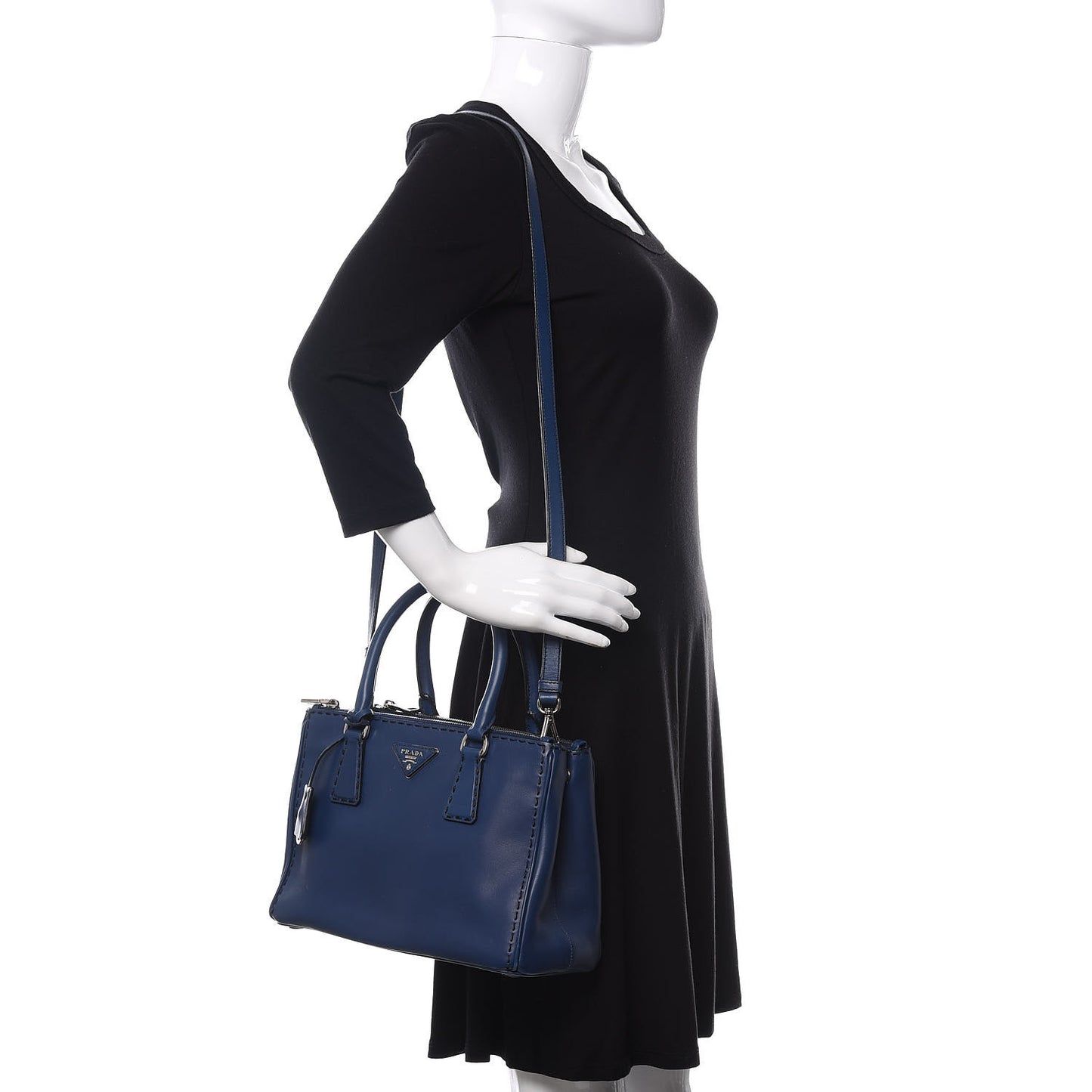 City Calf Hand Stitched Small Galleria Double Zip Tote Bluette