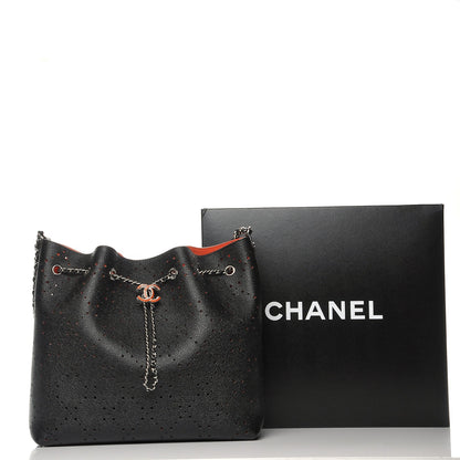 Chanel Caviar Perforated Drawstring CC Bag Black Orange 10 of 10