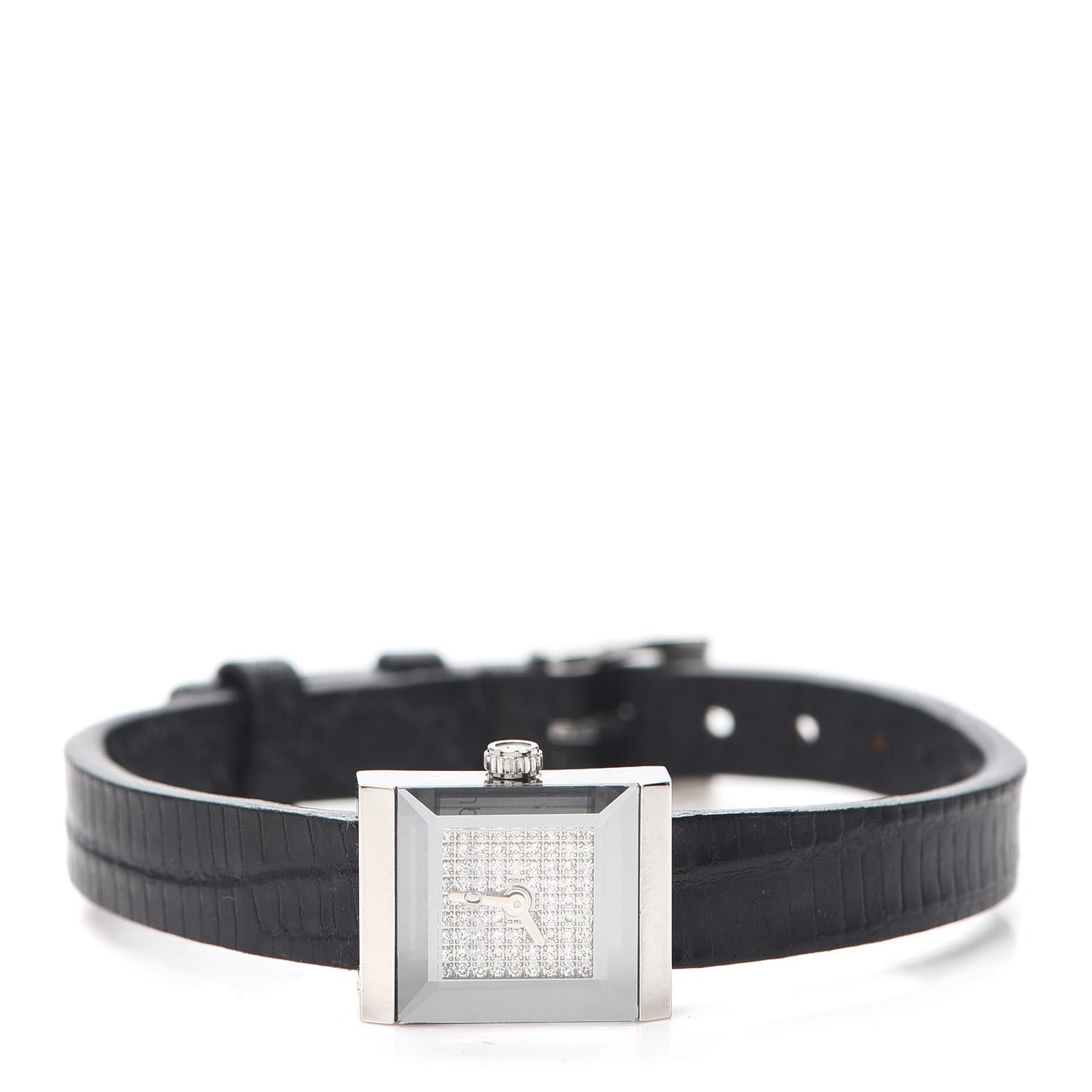 Stainless Steel Calfskin Diamond Pave 14mm G-Frame Square Quartz Watch