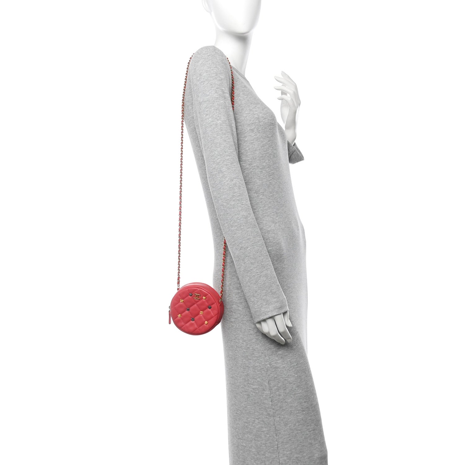 Chanel Lambskin Quilted Studded Round Clutch With Chain Dark Pink 2 of 11