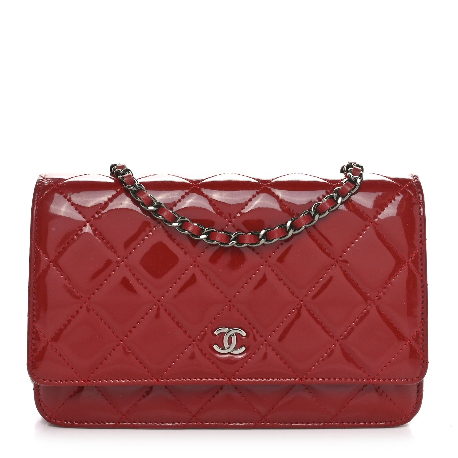 Chanel Patent Quilted Wallet On Chain WOC Red 1 of 10
