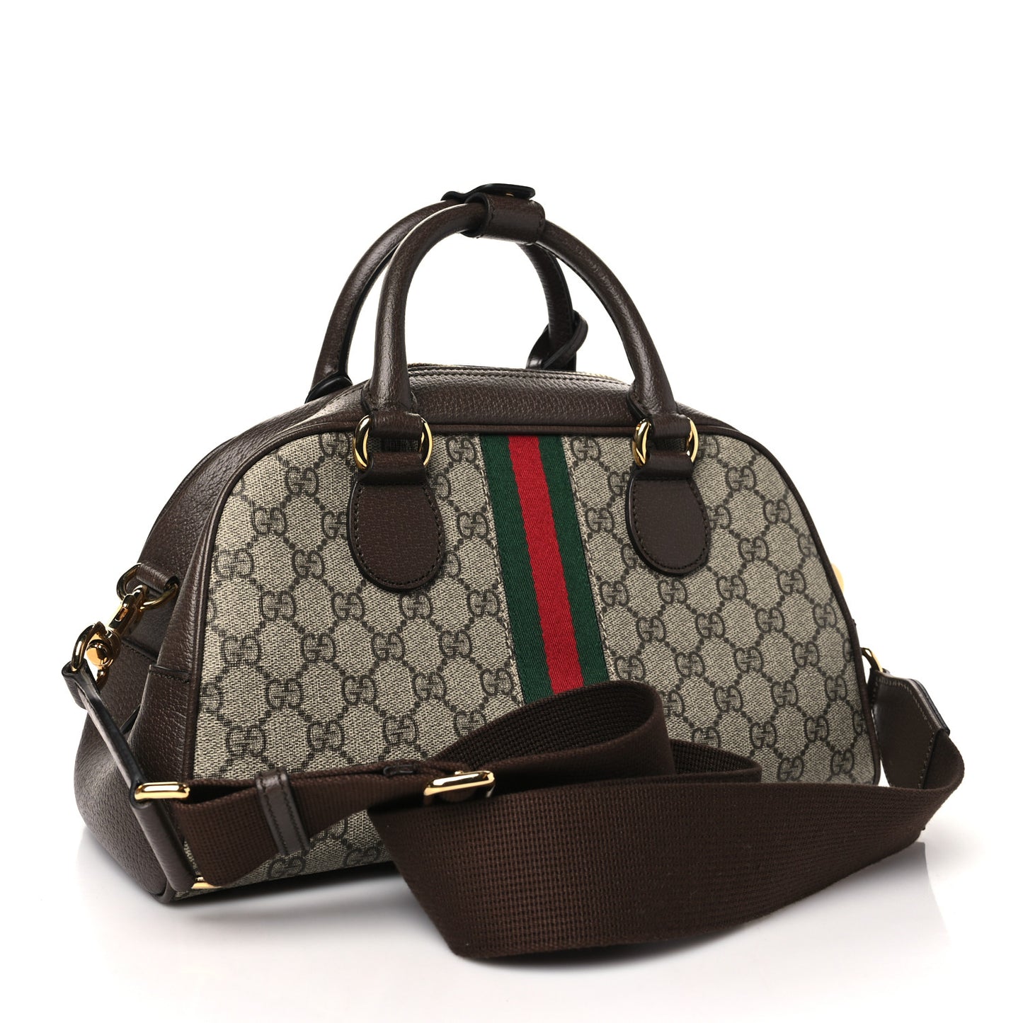 GG Supreme Monogram Textured Dollar Calfskin Web Medium Ophidia Top Handle Bowler Bag Beige Ebony New Acero