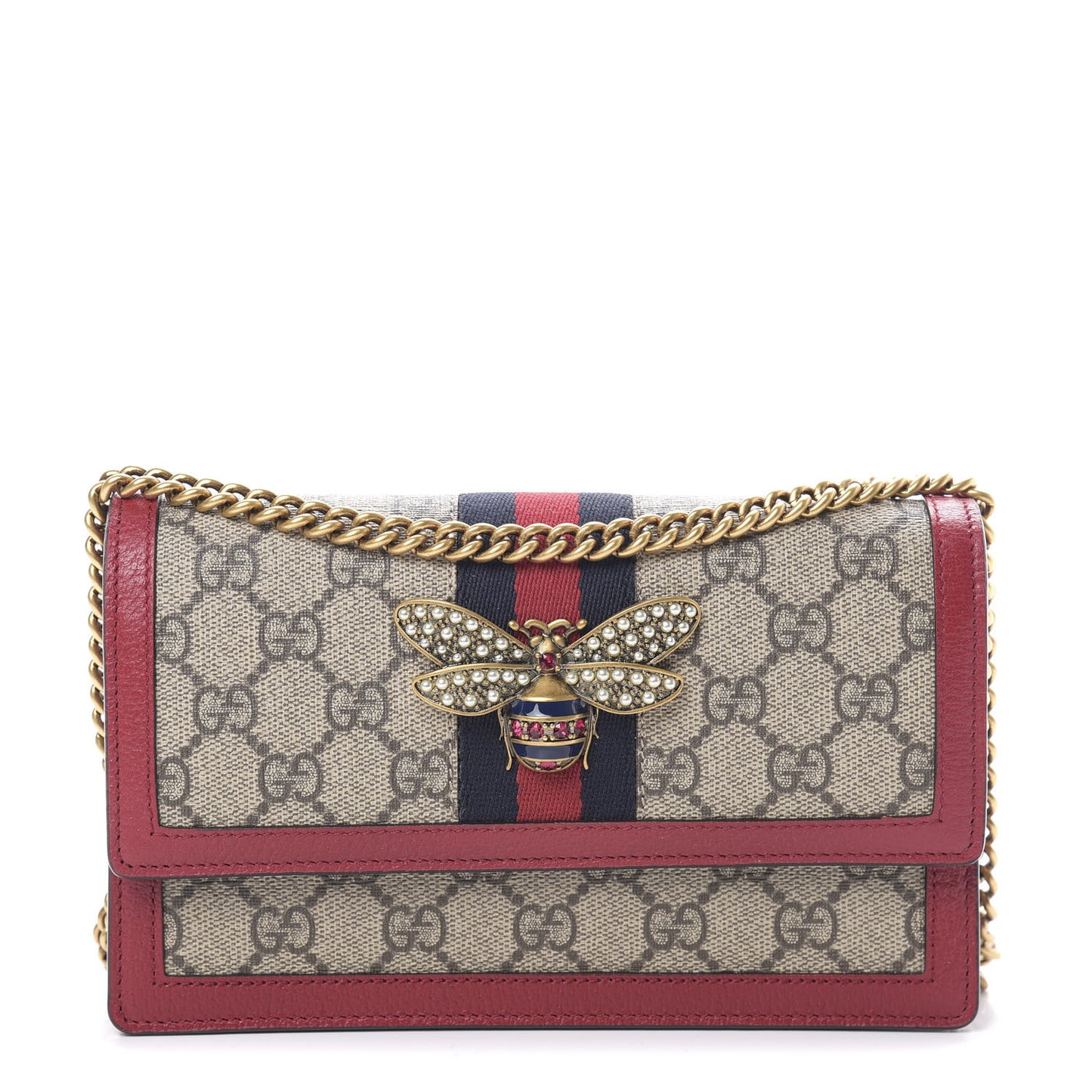 GG Supreme Monogram Web Queen Margaret Chain Wallet Red